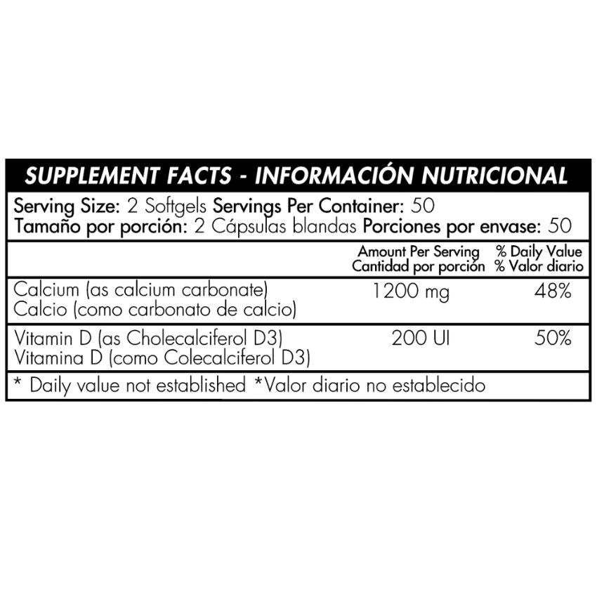 Calcio Liquido 1200mg Plus D3 400 IU 100 Softgels