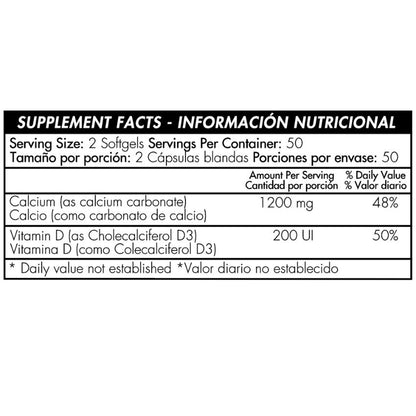 Calcio Liquido 1200mg Plus D3 400 IU 100 Softgels